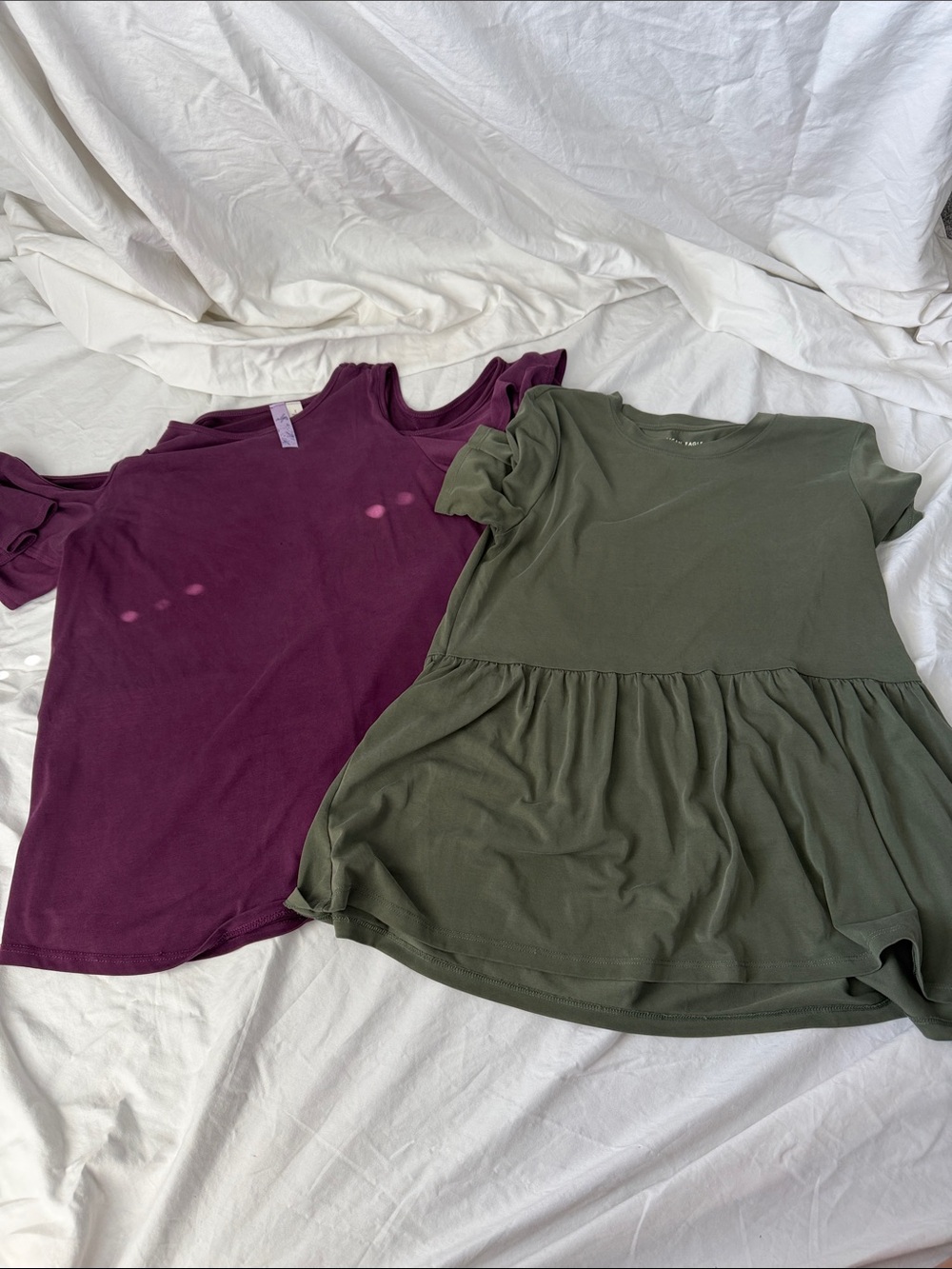 2 Women’s Short Sleeve Peplum Top - Olive Green. Cutout ruffle sleeve- plum
